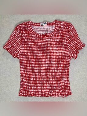 New Love | Red & White Gingham Shirred Short Sleeve Top | Medium